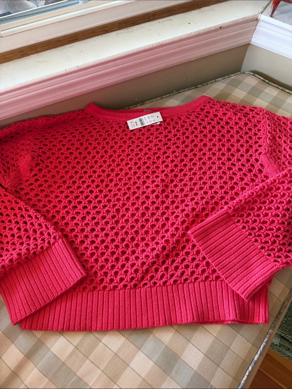 J. Crew Open-Knit Crewneck Sweater in Bright Pink